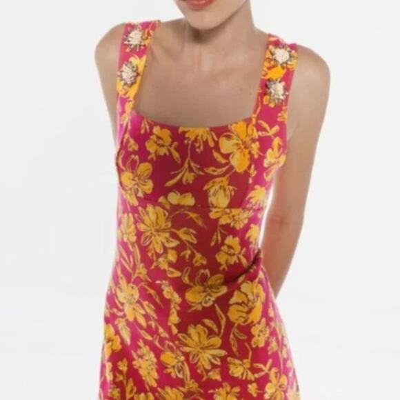 Zara Pink and Orange Floral Print Jaquard Dress with Jewel Accents Medium - Picture 7 of 8
